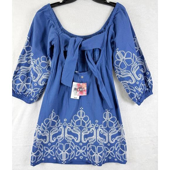 Roxy Under The Palms Mini Dress Medium Womens Blue Embroidered 100% Cotton New - Picture 3 of 10